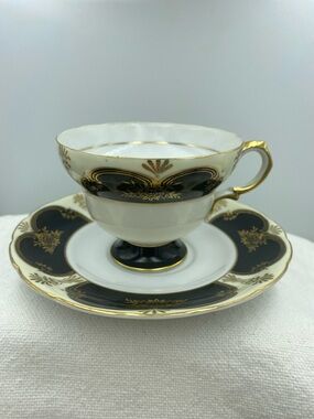 Shafford Elegant Black and Gold Porcelain Teacup and Saucer Set